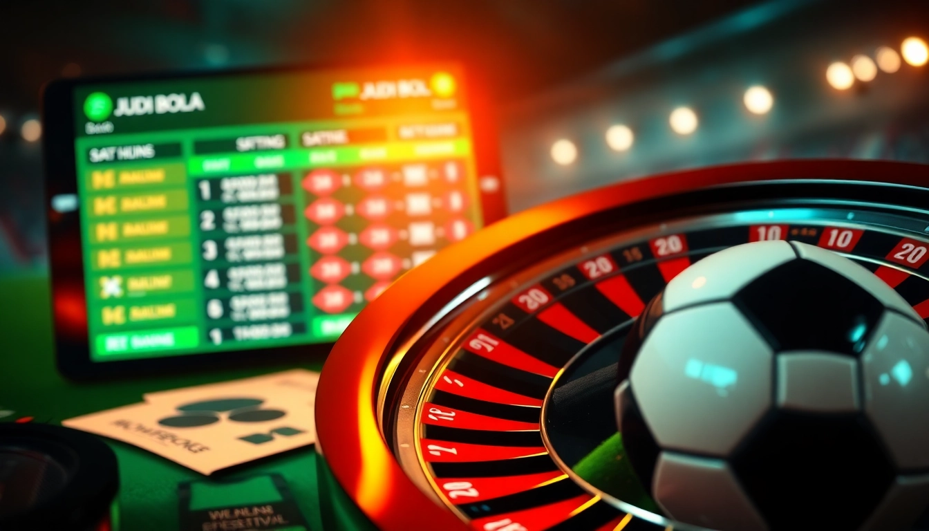 Exciting Judi Bola betting scene showcasing dynamic betting slips and soccer elements.