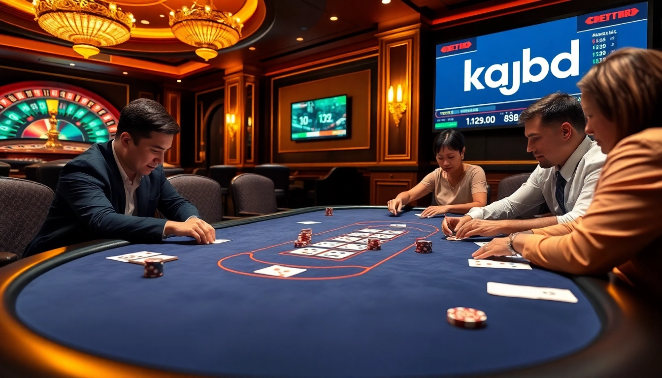 Kqbd logo displayed on a digital screen amidst a lively casino poker scene, capturing the essence of online sports betting.