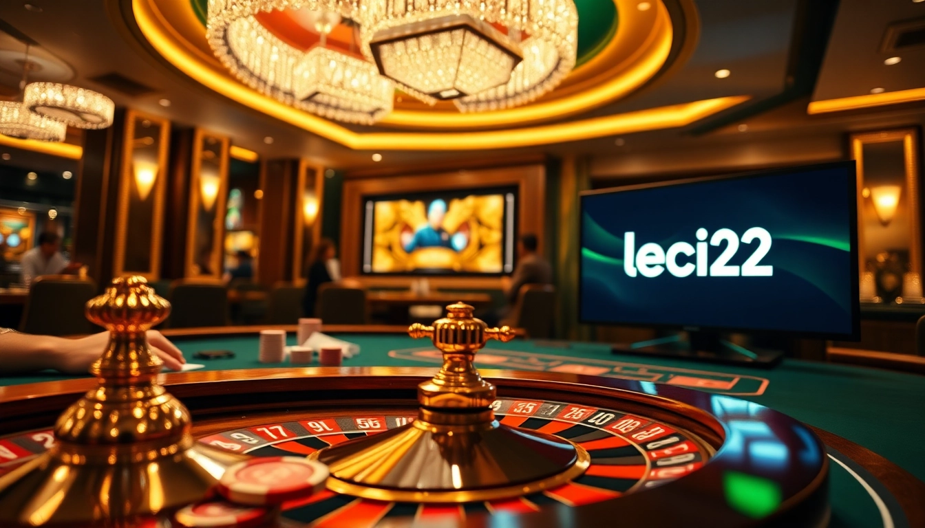 Experience thrilling gaming action with leci123 at a luxurious casino featuring poker tables and roulette wheels.
