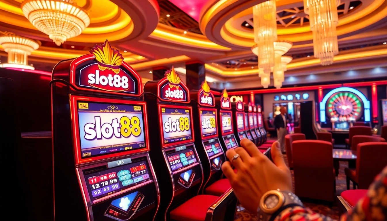Rasakan kegembiraan slot88 dengan mesin slot yang cerah dan pemain yang antusias di setting kasino mewah.