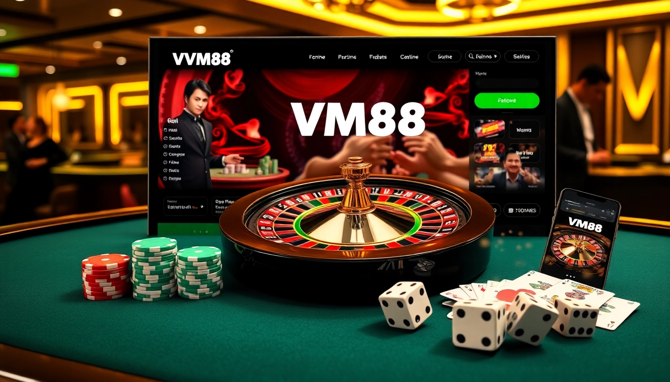VM88 virtual casino dashboard displaying competitive odds, live betting, and poker chips in action