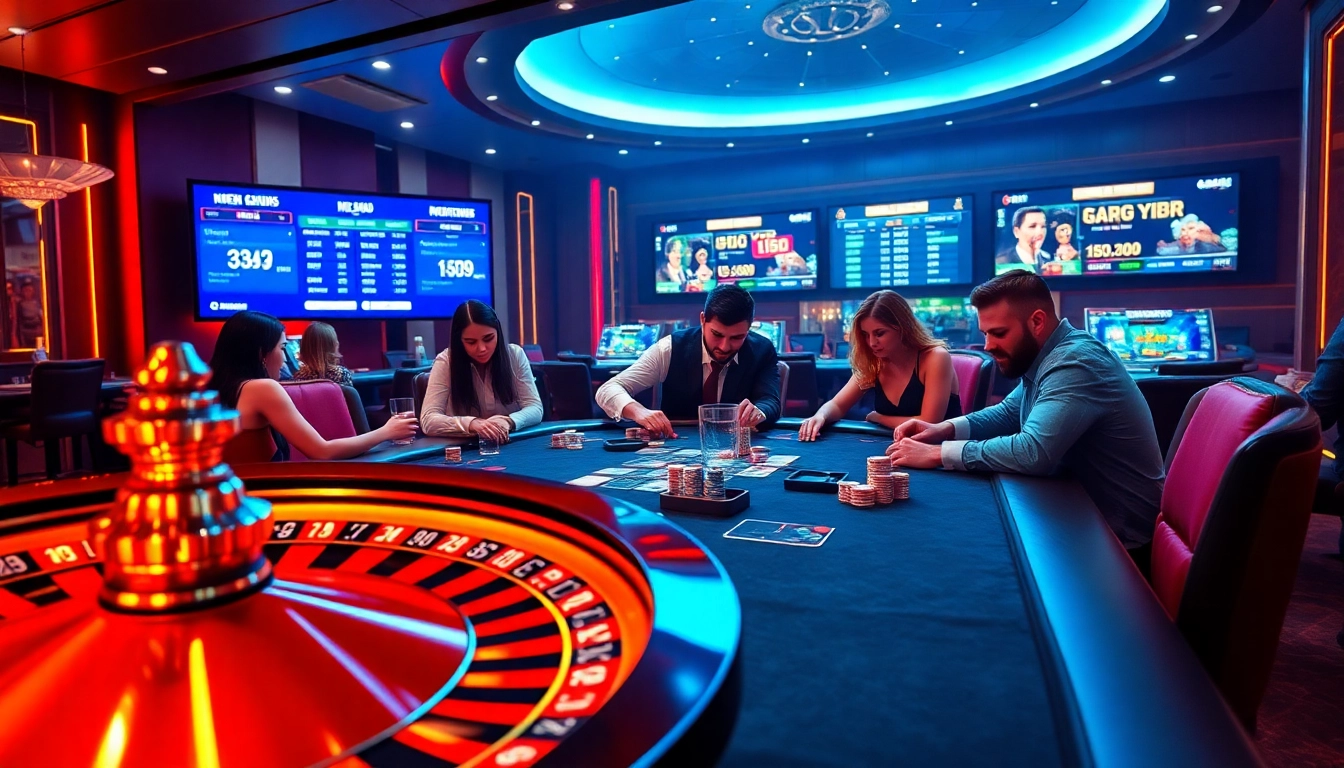 Exciting KP88 poker scene with players at a high-stakes table and illuminated roulette wheel.