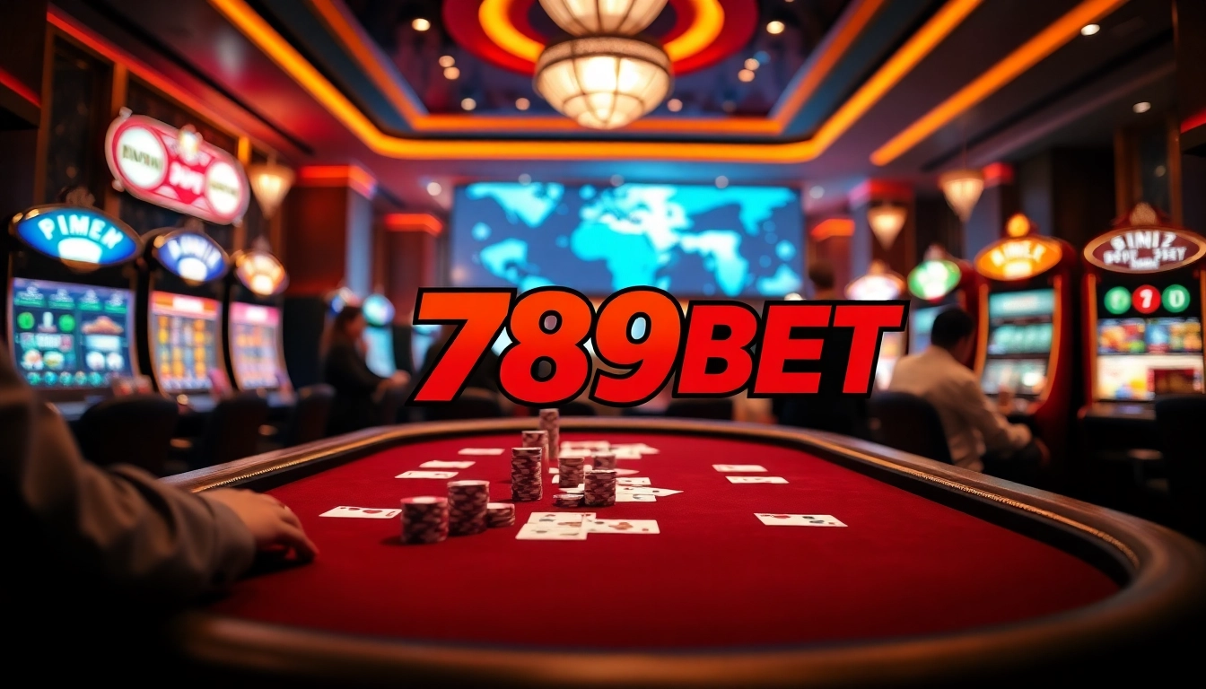 Players enjoying an engaging poker game at 789BET casino with vibrant colored chips and cards.