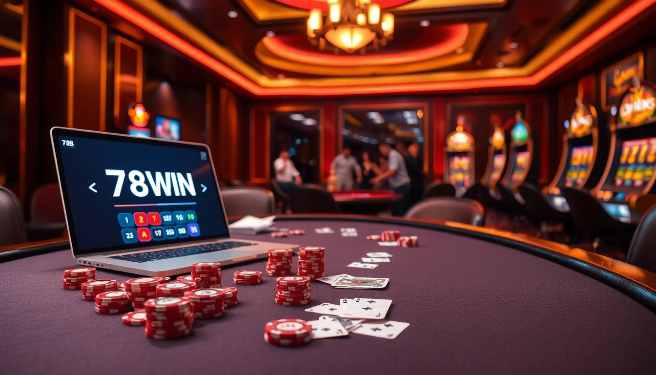 Experience the thrilling excitement of 78WIN at a poker table adorned with chips and cards.