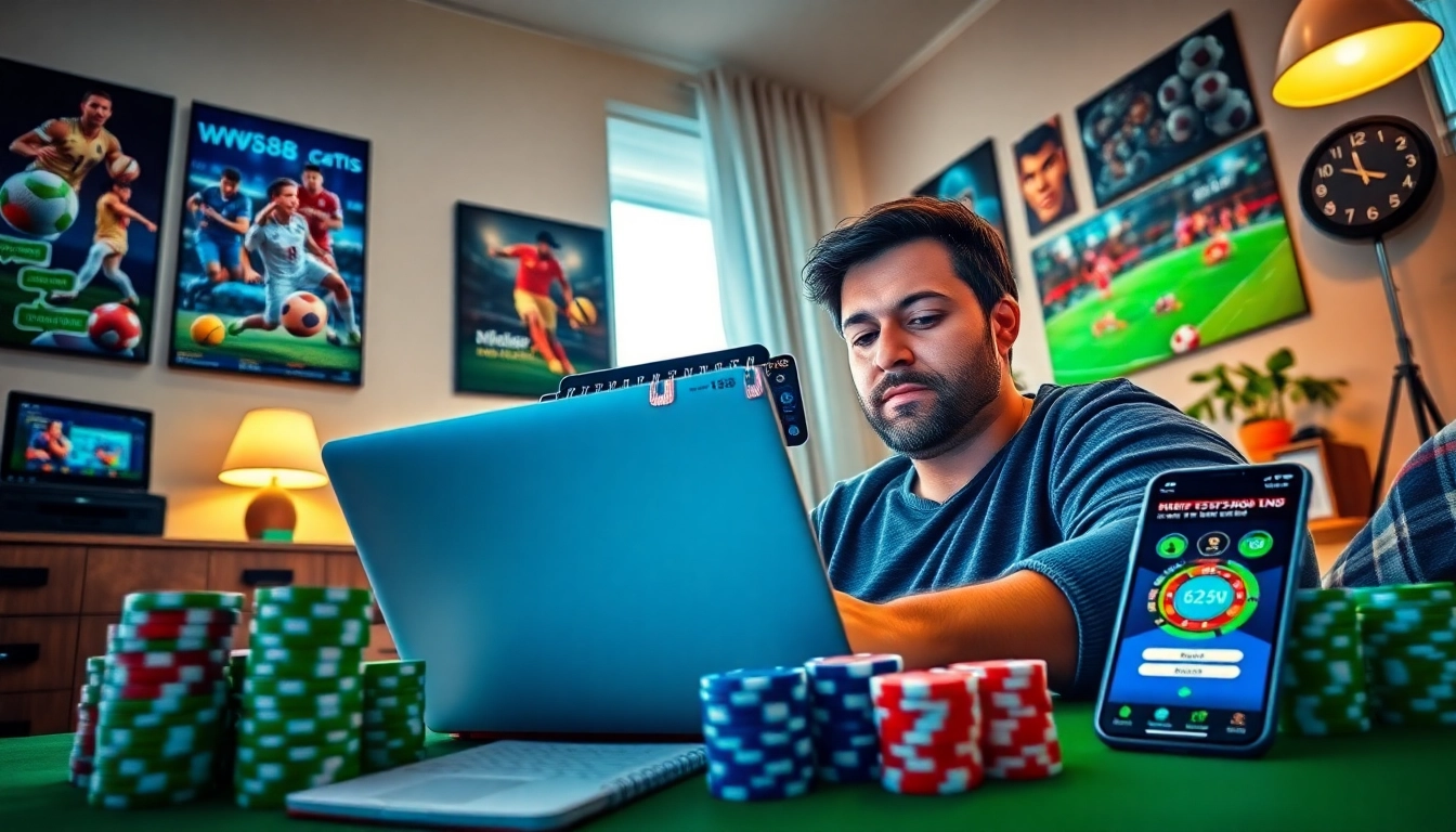 Engaging online gambling scene with a user enjoying WW88.de.com experience, full of excitement and modern technology.