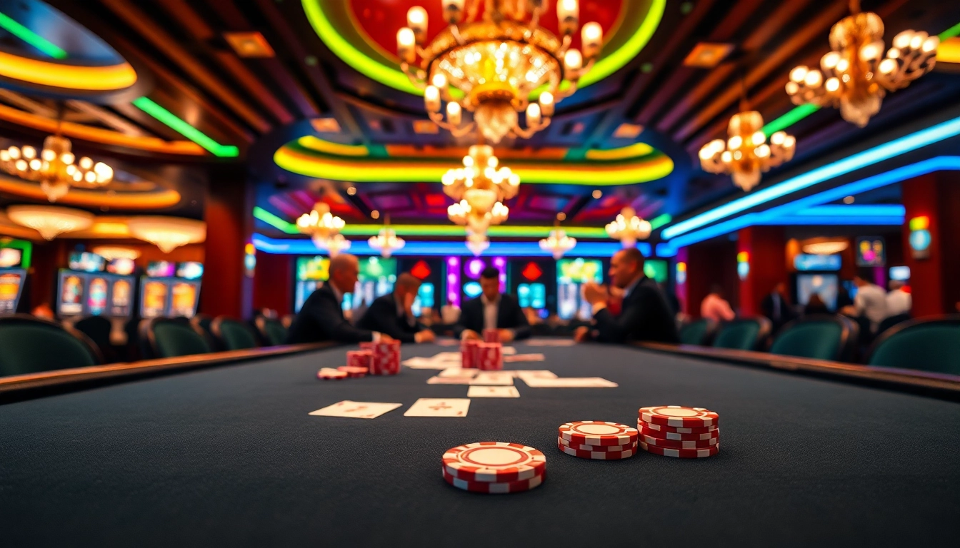 Tunjukkan poker online di meja kasino dengan pemain yang terlibat dalam permainan seru.