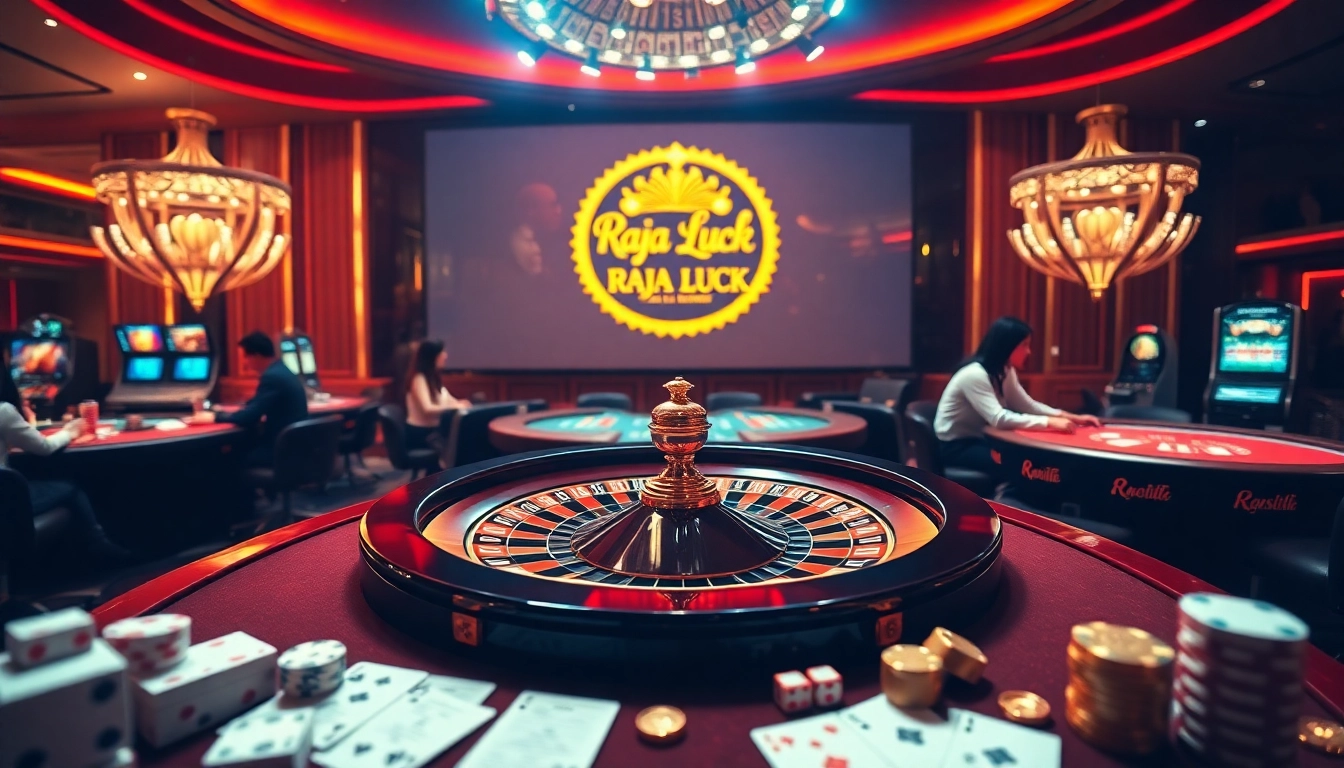 Raja Luck casino experience with roulette wheel, poker tables, and vibrant gaming atmosphere.