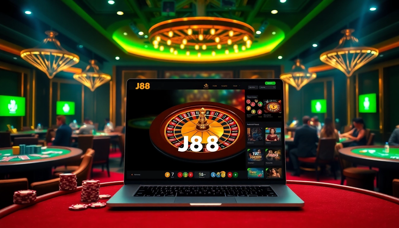 Experience the excitement of J88 with vibrant casino elements, featuring roulette and poker.
