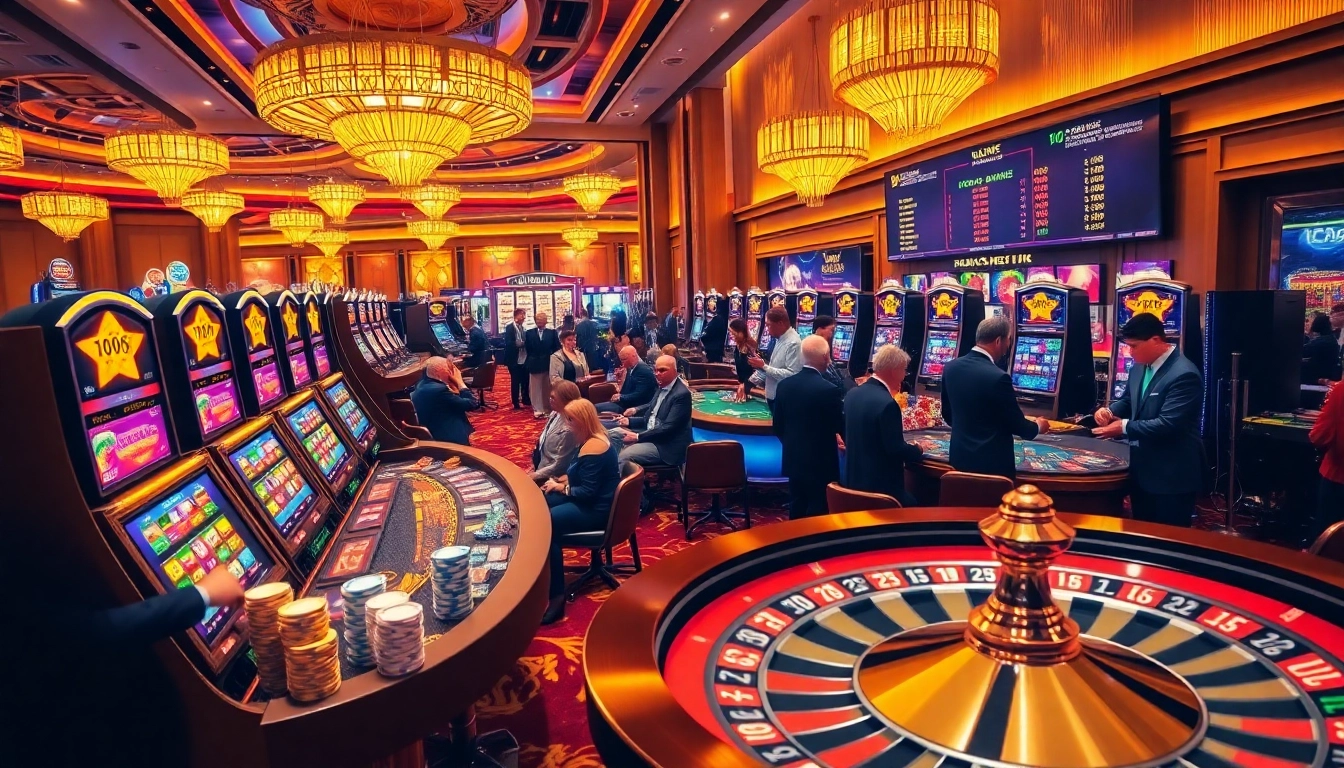 Engaging gamblers at MK8 casino, showcasing vibrant slot machines and a roulette wheel.
