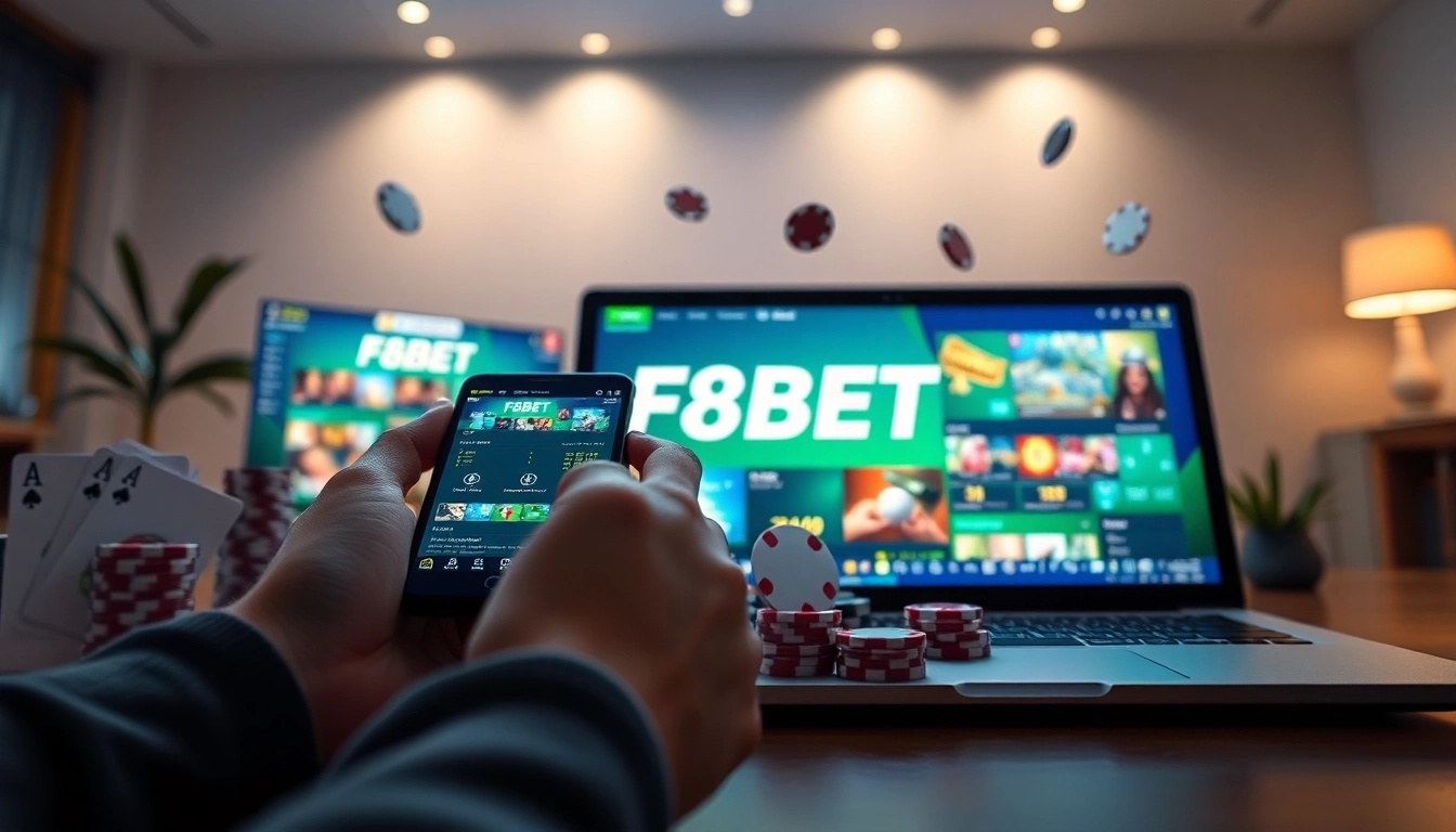 F8BET trang chủ showcasing a modern gaming interface on devices, symbolizing excitement and accessibility.