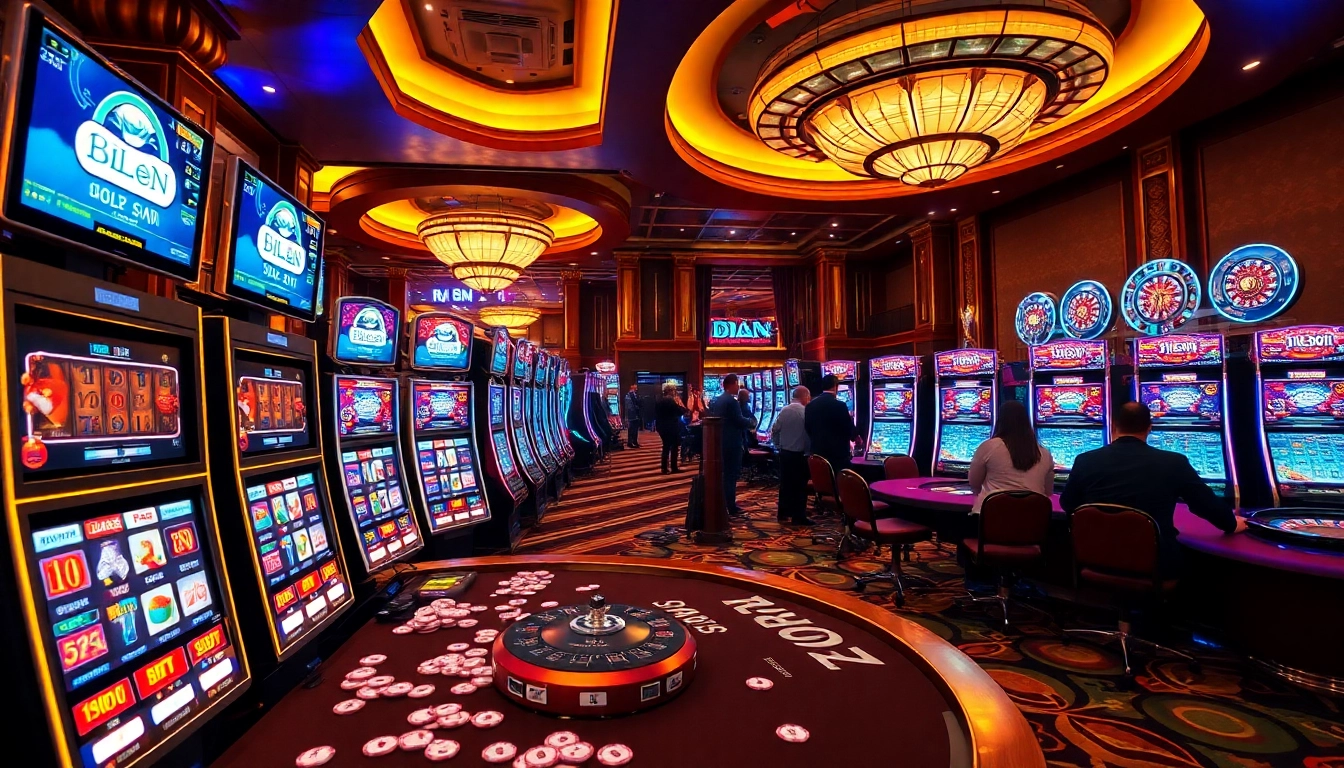 Experience the thrill of idn slot amid a luxurious casino atmosphere with vibrant slot machines.