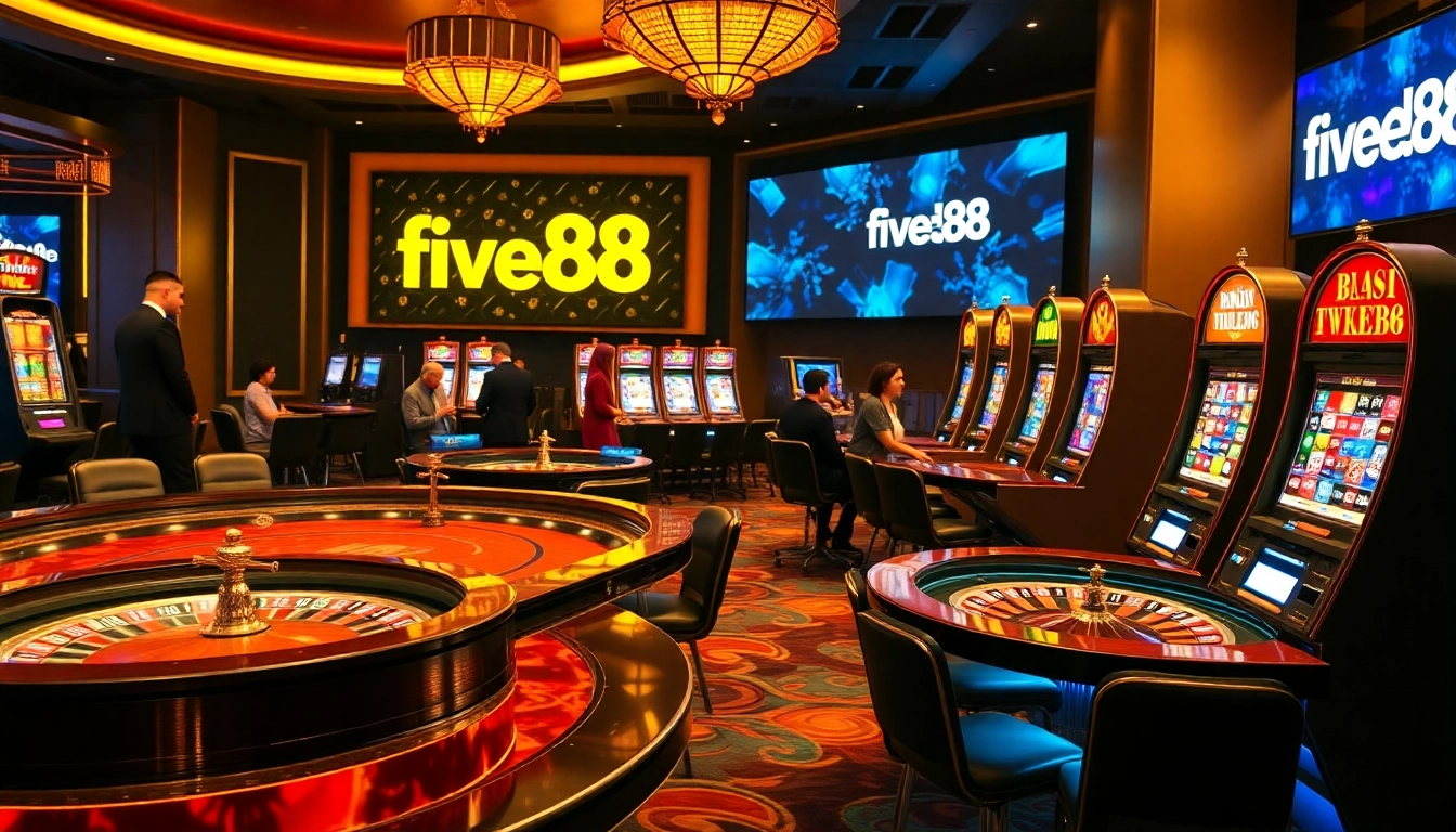 Experience the excitement of five88 with vibrant slot machines and elegant casino tables in action.