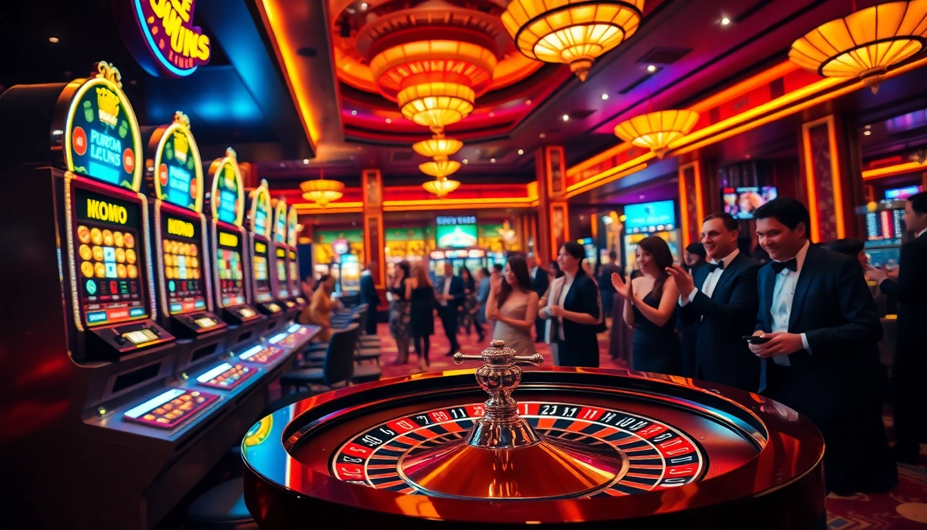 Players winning big with Nổ Hũ Đổi Thưởng at a vibrant casino slot machine.